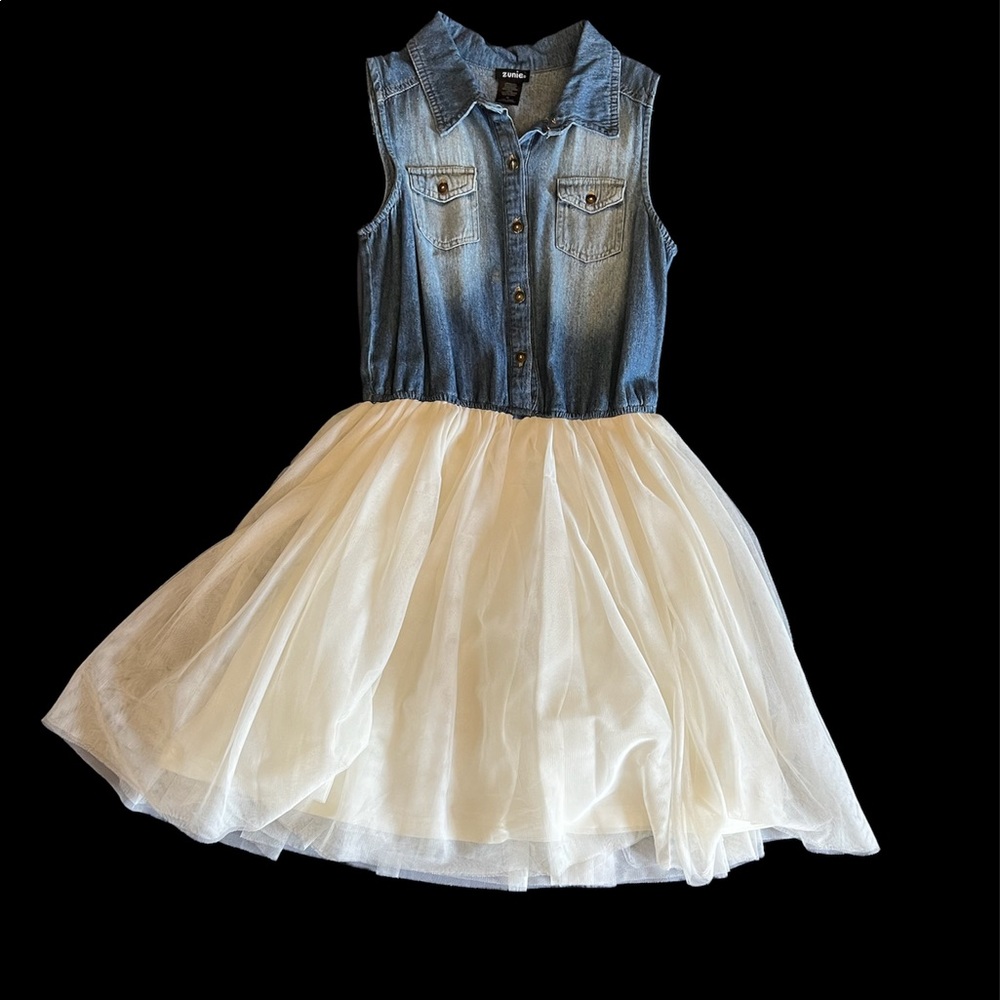 Denim vest and white tutu dress